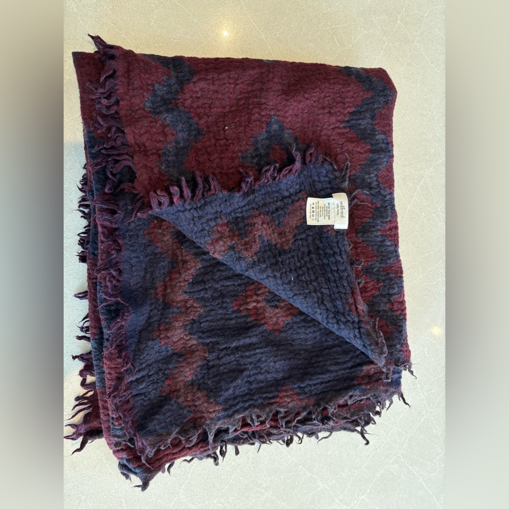 Wilfred Deep Red and Dark Blue Textured Scarf Blanket Throw 100% Wool Cozy